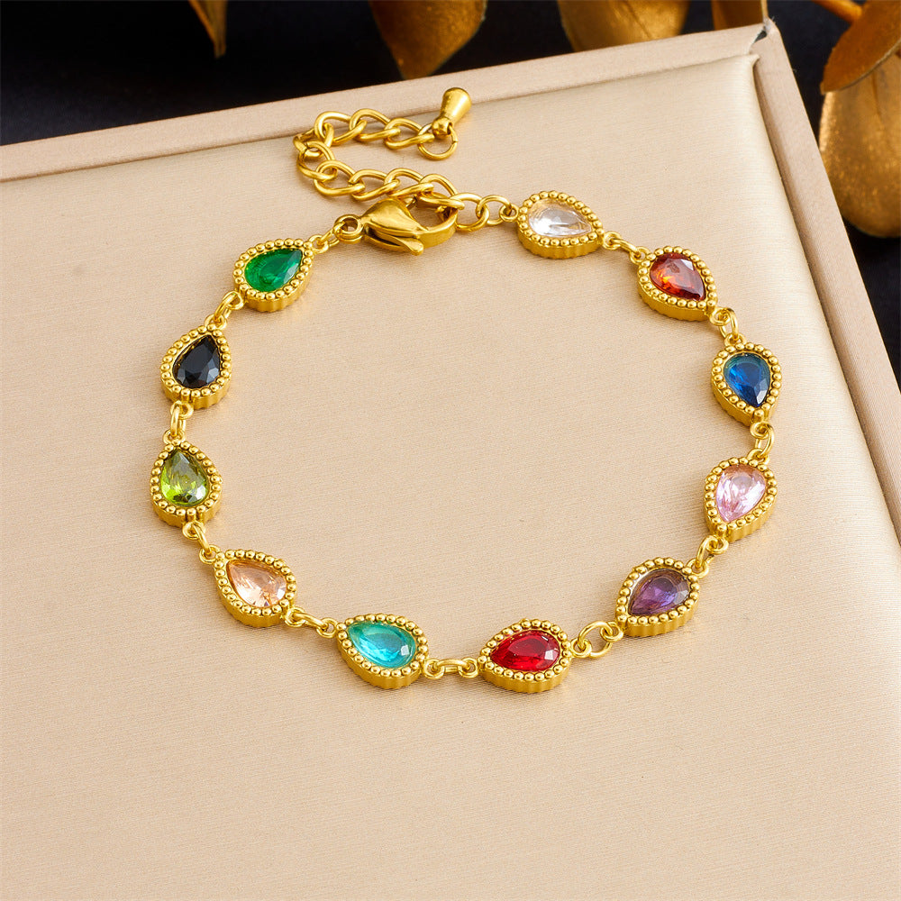 Fashionable Micro-Inlaid Geometric Colored Gemstone Chain Bracelet Oval Drop Square Ladies Stainless Steel Jewelry