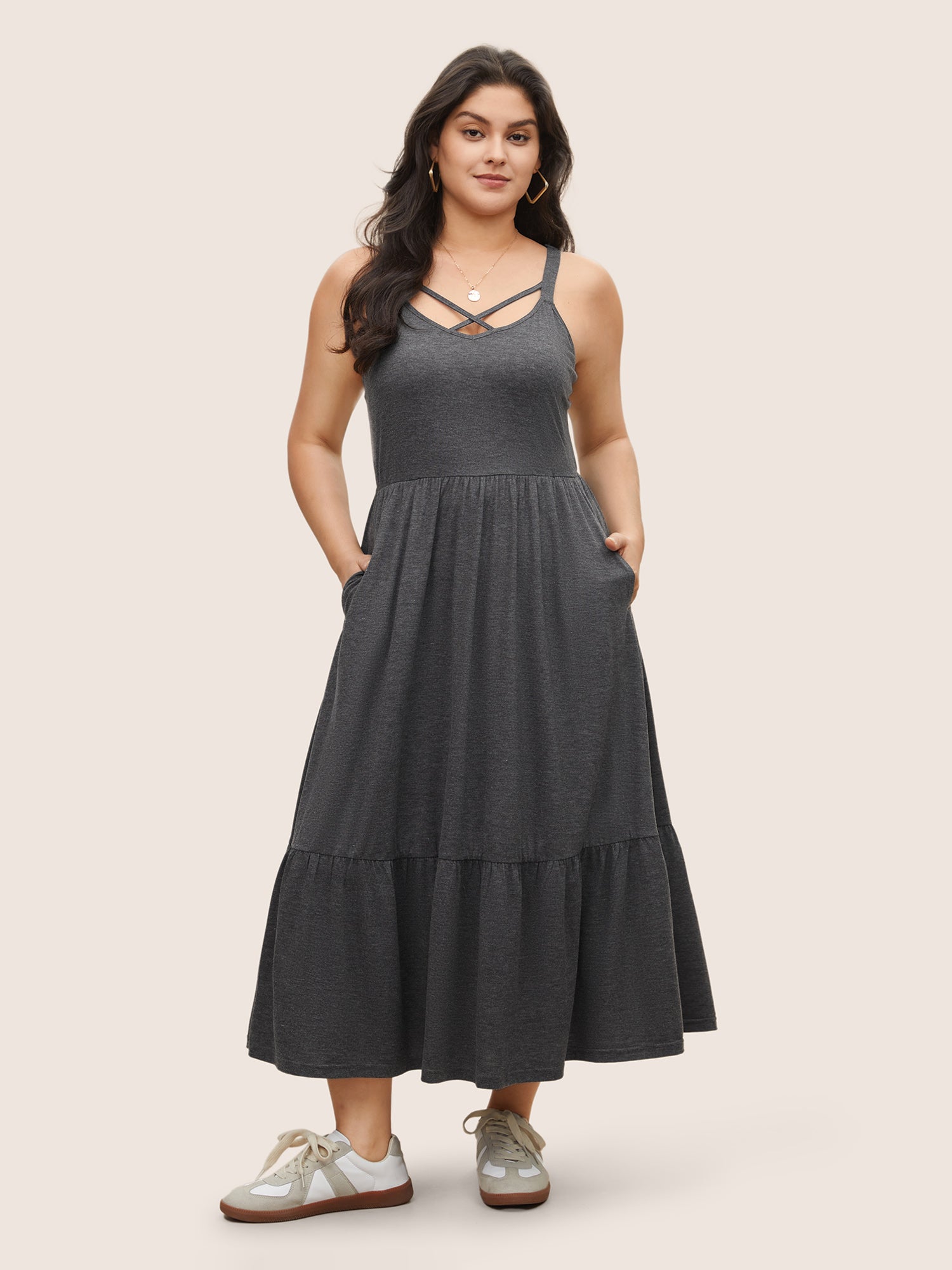 Solid Crisscross Patchwork Ruffle Hem Dress