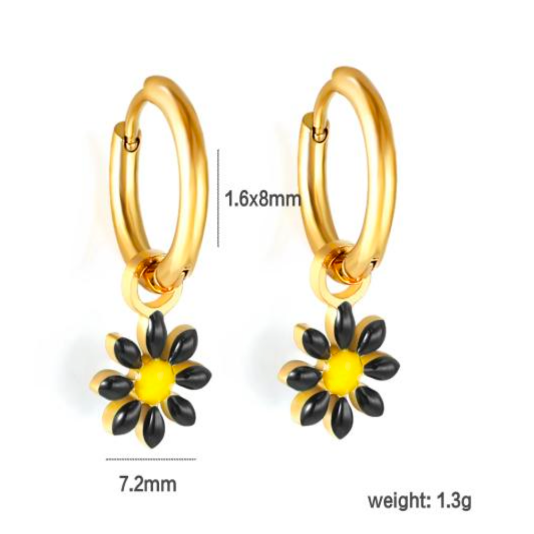 Black flower charm hoops - Gold