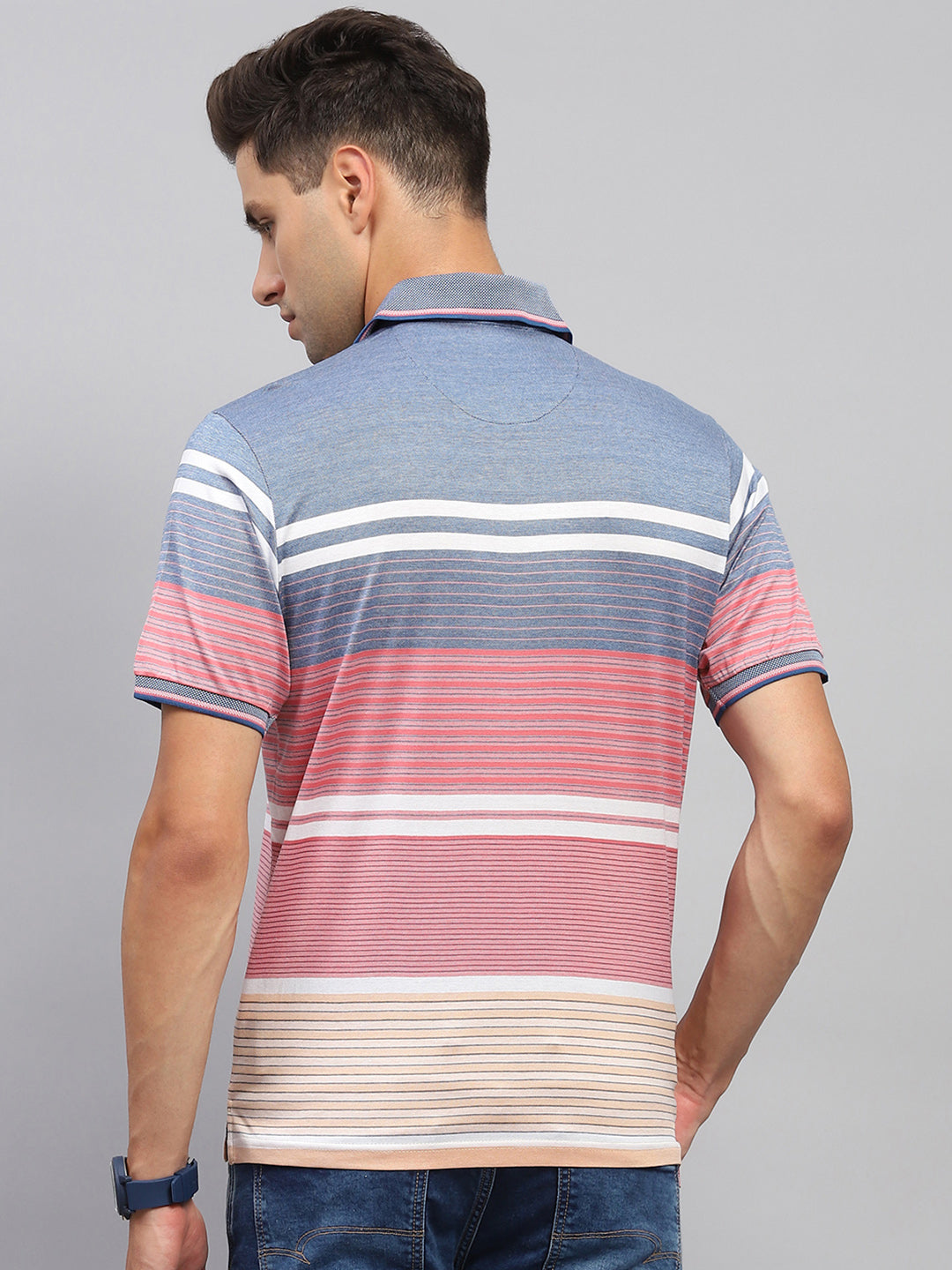 Men Pink & Blue Stripe Collar Half Sleeve T-Shirt