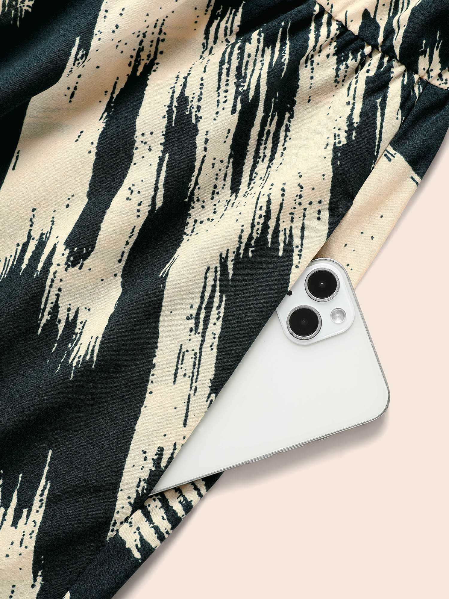 Brush Print Notched Collar Midi Dress
