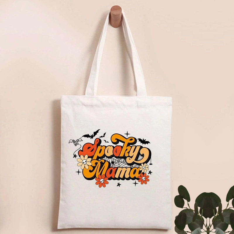 Halloween Women's Canvas Pumpkin Letter Cute Square Open Canvas Bag