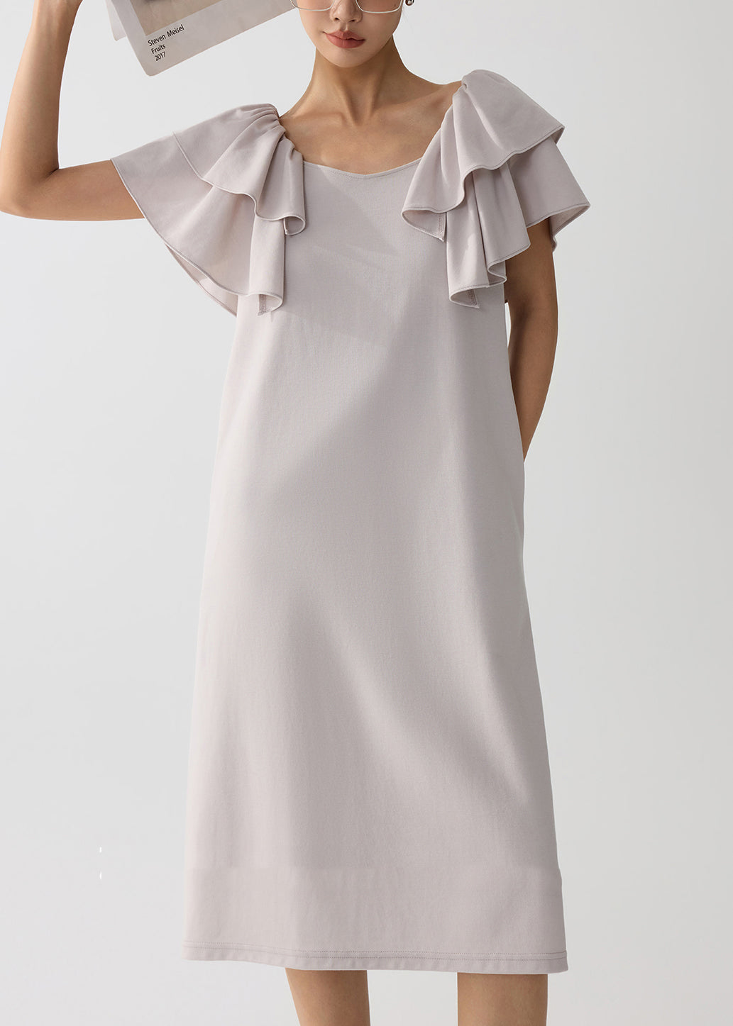 Women Apricot Cotton Work Straight Dress Butterfly Sleeve