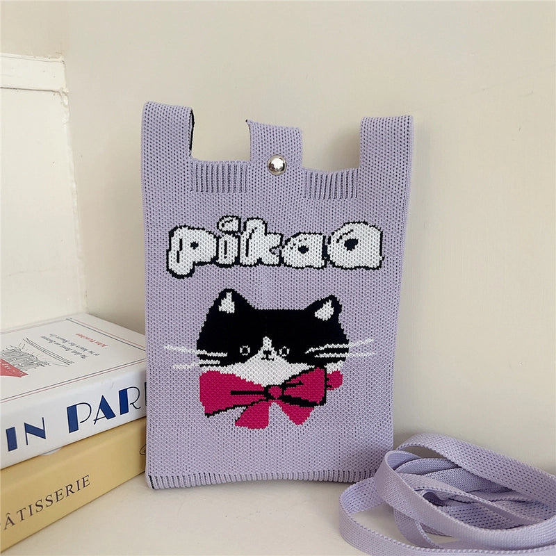Women's Small Knit Cartoon Cute Bucket Magnetic Buckle Phone Wallets