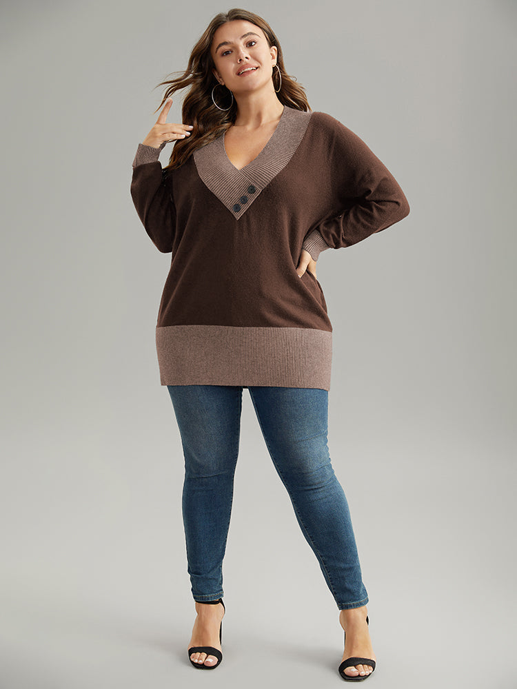 Supersoft Essentials Contrast Deep V Neck Button Detail Pullover