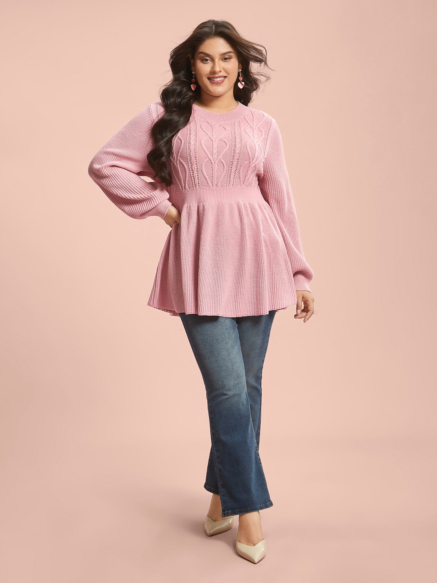 Textured Cable-Knit Waist Cinched Pullover