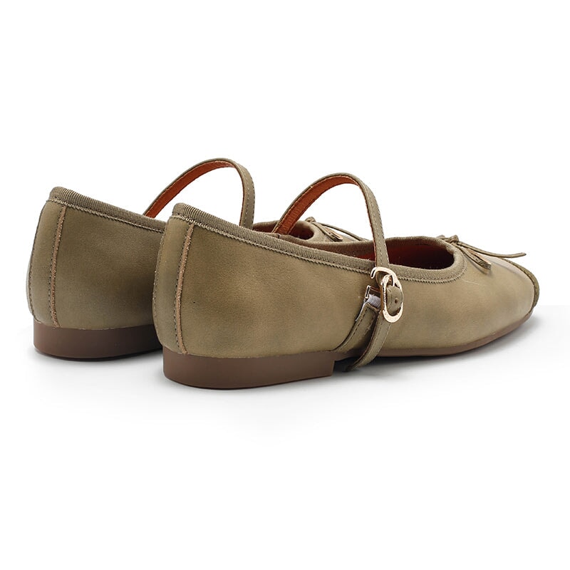 Handmade Sheepskin Women's Michaela Mary Jane Flats in Khaki/Green/Apricot/Black