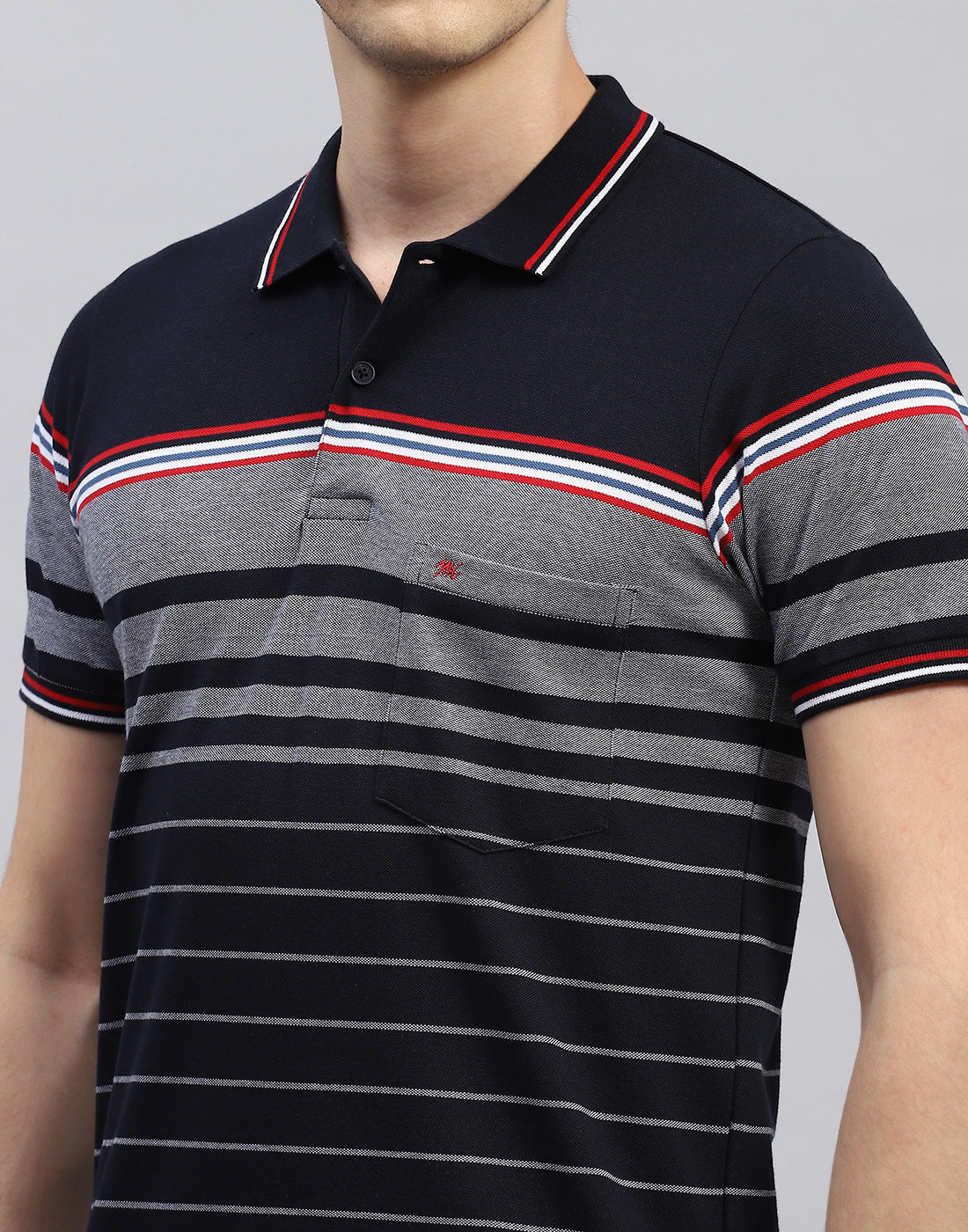 Men Navy Blue Stripe Polo Collar Half Sleeve T-Shirt