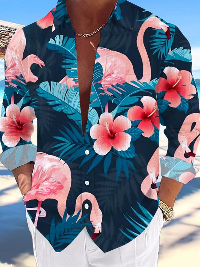 Men's Casual Hawaiian Coconut Flamingo Lapel Shirt