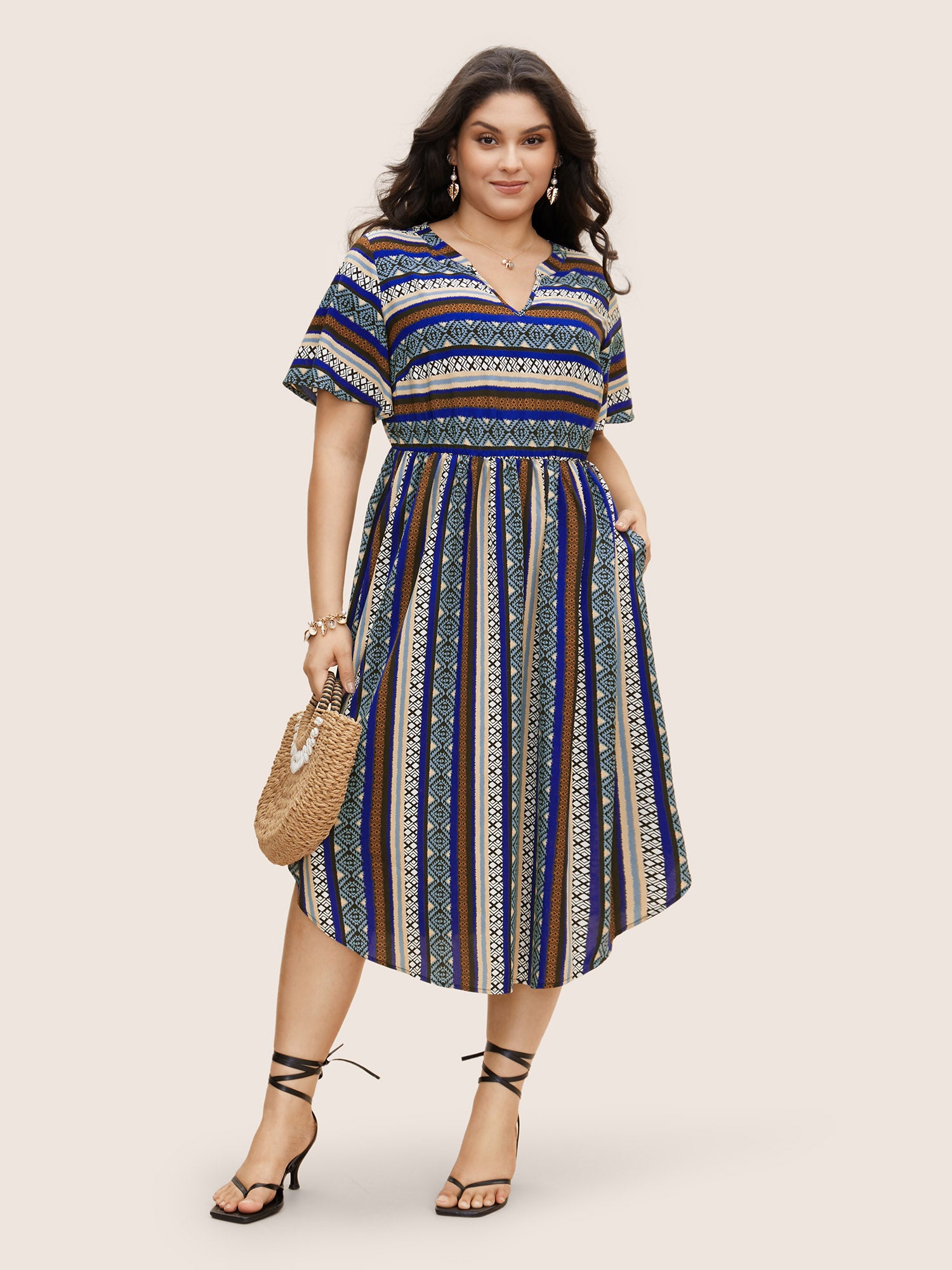 Bandana Striped Curved Hem Ruffle Sleeve Dress