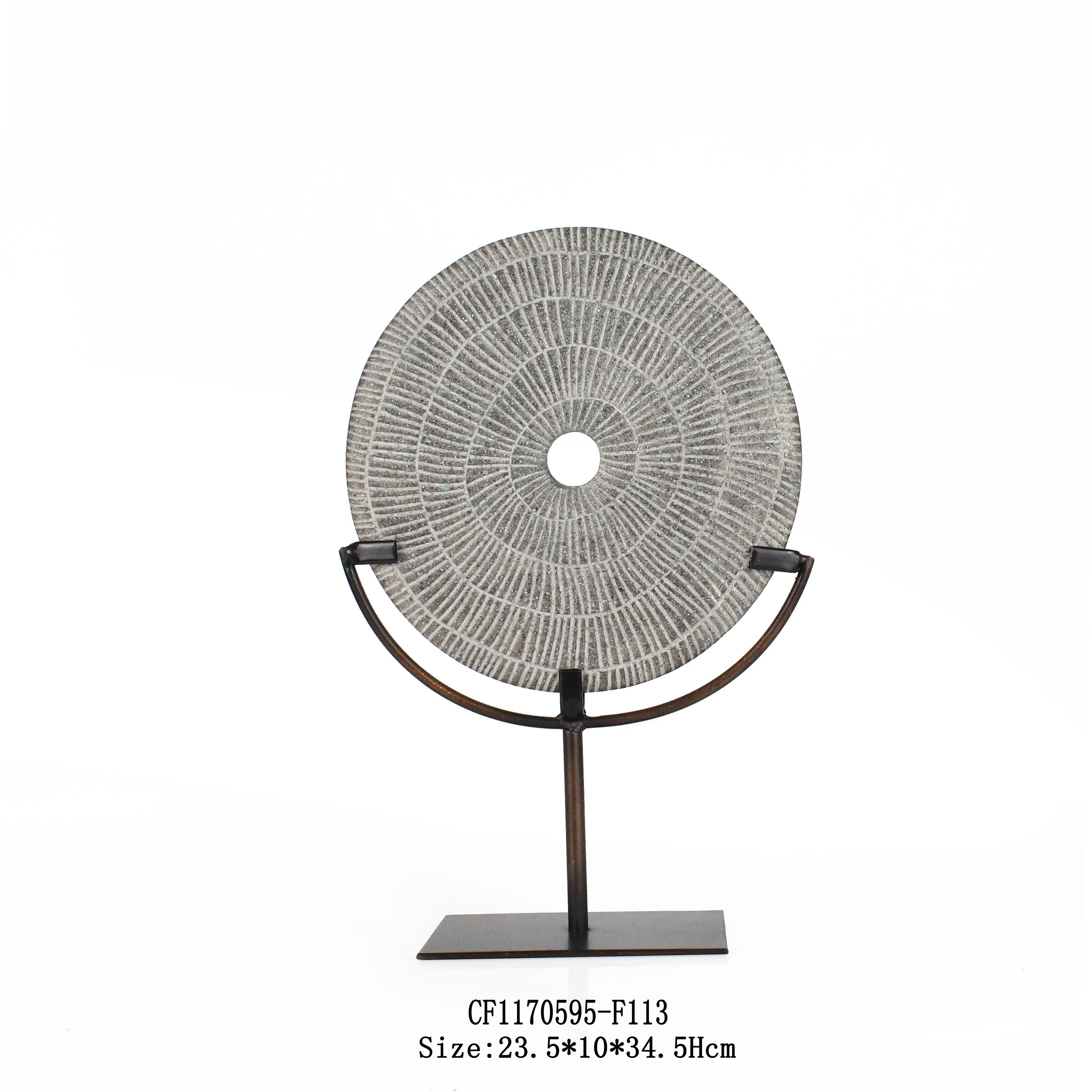 Resin Round Shaped Hole Imitation Stone Sculpture Ornaments Home Decor with Metal Base