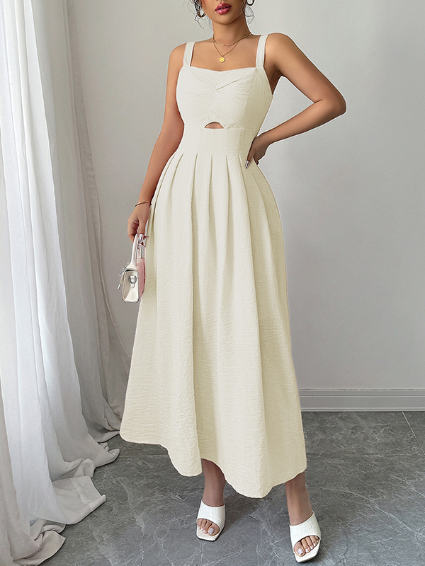 A-line High Waisted Backless Hollow Pleated Solid Color Zipper Spaghetti-Neck Midi Dresses