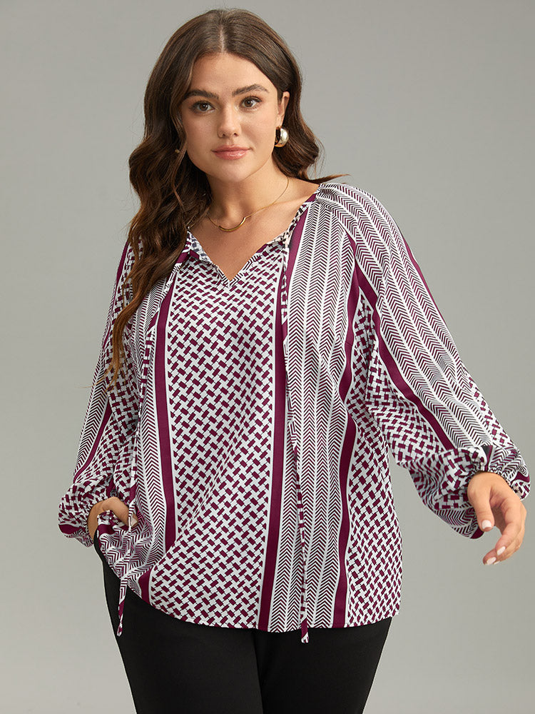Geo Striped Tie Lantern Sleeve Blouse