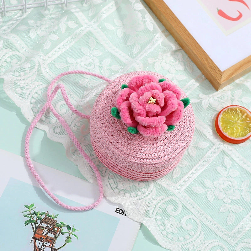 Women's Small Straw Solid Color Flower Vacation Beach Weave Round Zipper Straw Bag