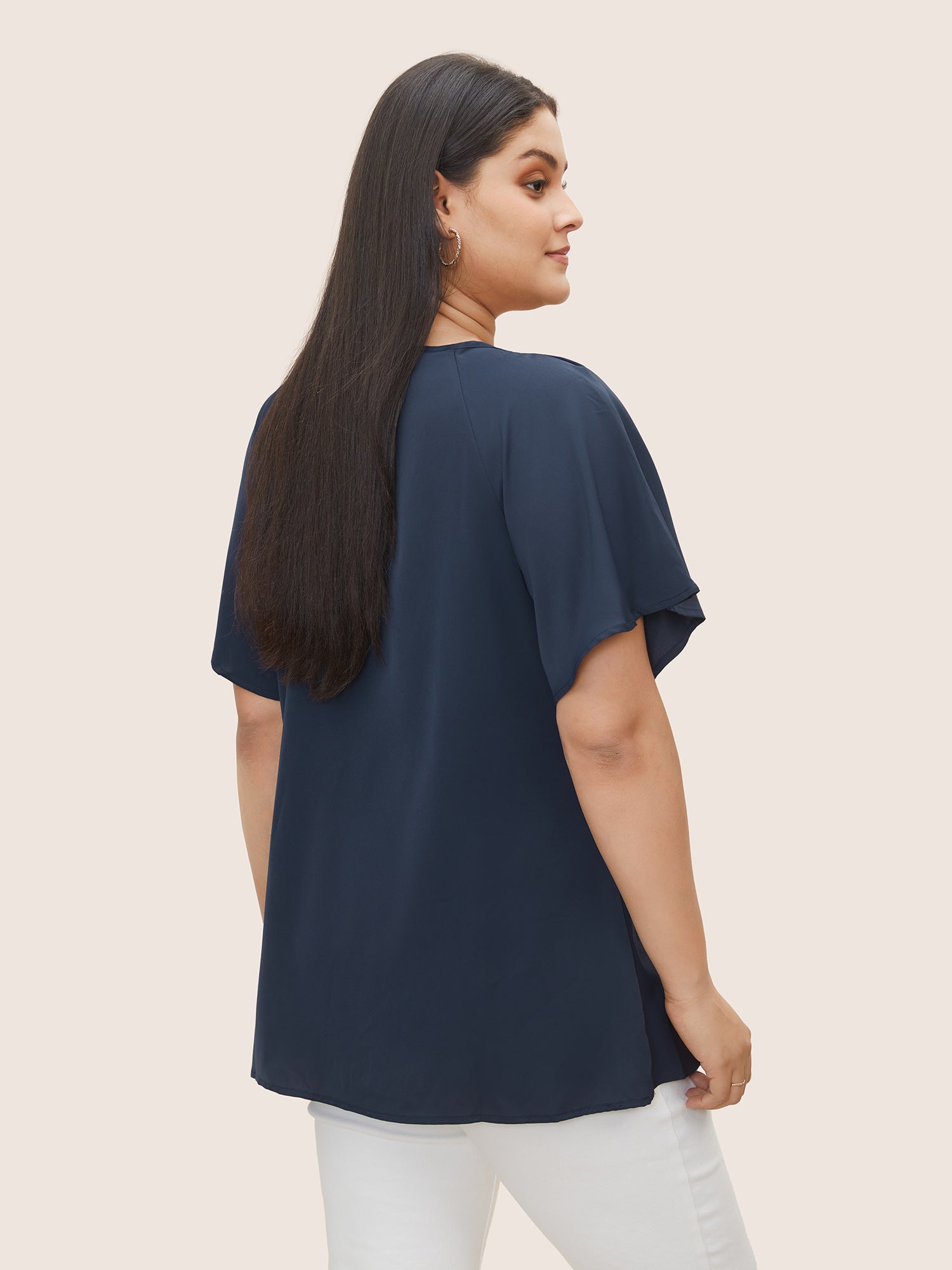 Plain Keyhole Knotted Front Ruffle Sleeve Blouse