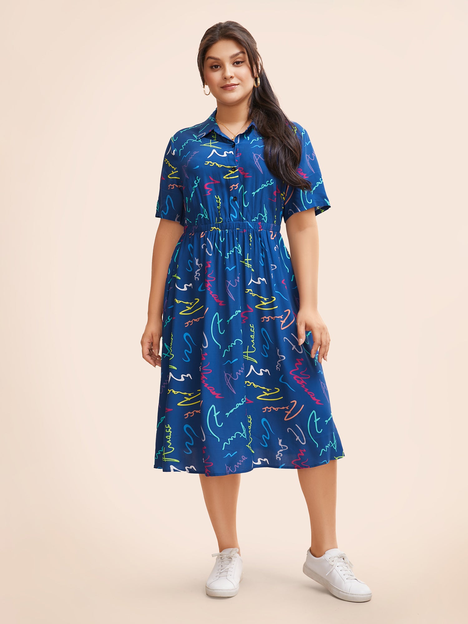 Scribble Print Elastic Waist Midi Shirt Dress