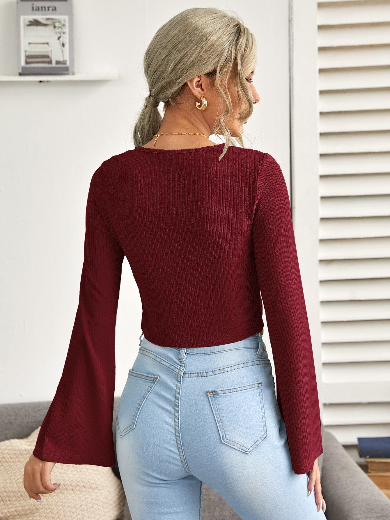 Bell Sleeve Zip Up Rib-knit Tee(Clearance Sale)