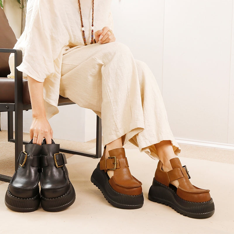 75mm Platform T-Straps Sandals Cowhide Mary Jane Shoes in Black/Light Brown