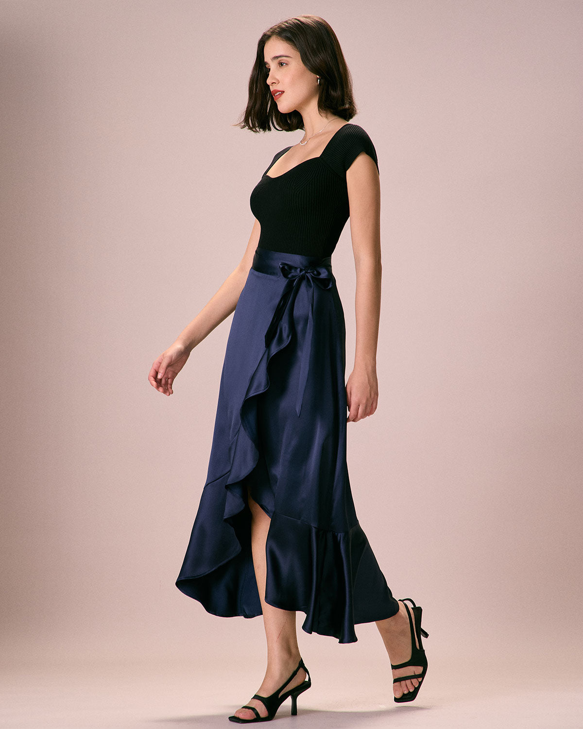 The Navy Drawstring Ruffle Satin Midi Skirt