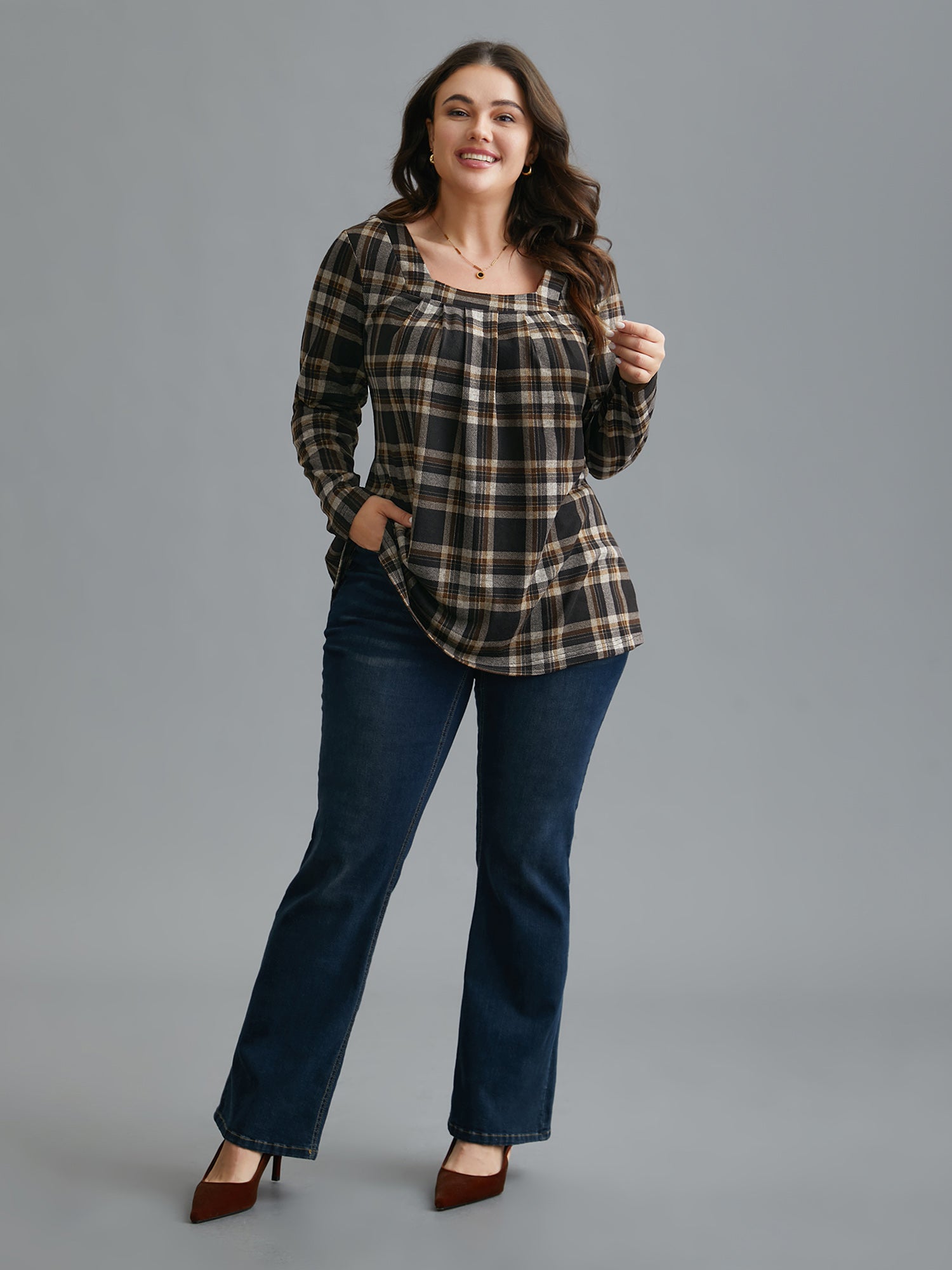 Plaid Pleated Square Neckline Knit Top