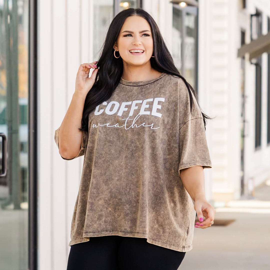 Coffee Weather Acid Wash Boyfriend Tee. Rust Brown