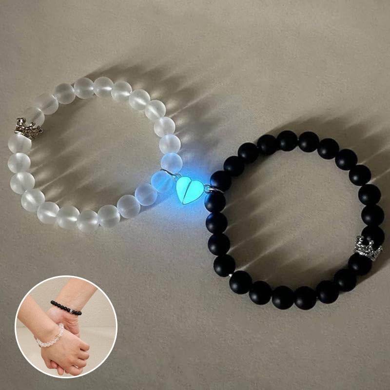 Couple's Light Up Beaded Bracelet with Crown and Heart - Set of 2