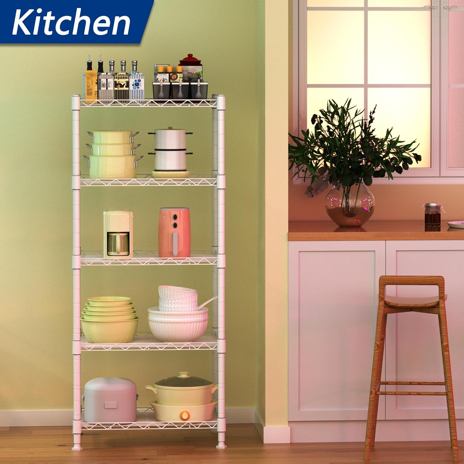 REGILLER 5-Wire Shelving Metal Storage Rack Adjustable Shelves,Standing Storage Shelf Units for Laundry Bathroom Kitchen Pantry Closet(Black,11.8