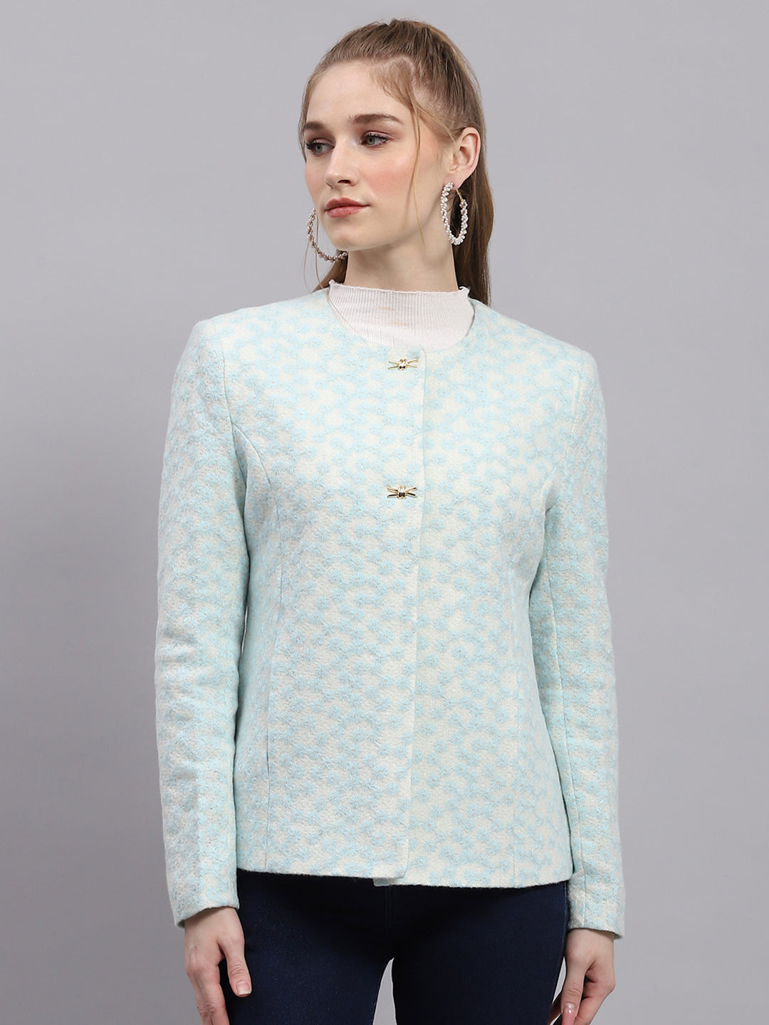 Women Blue Embroidered Round Neck Full Sleeve Coat