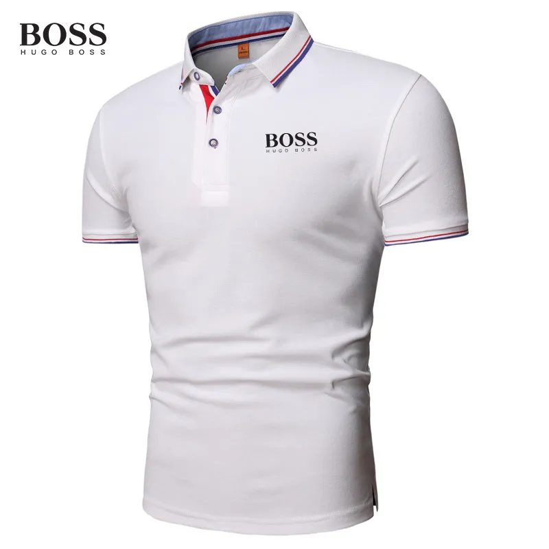 Boss Shirt Men Button Stand Collar Short Sleeve Polo Shirts