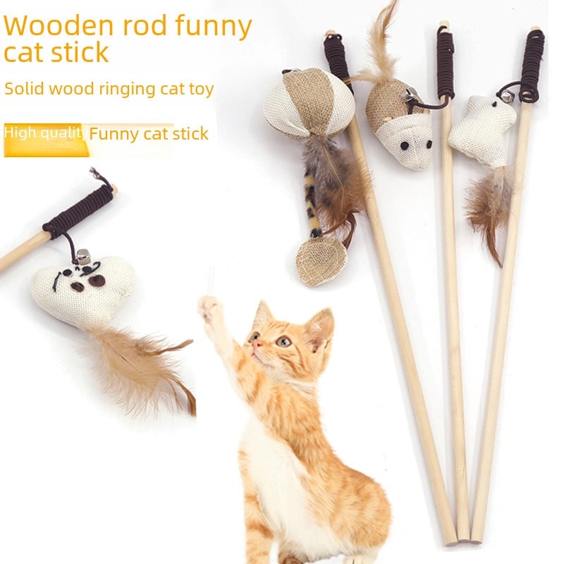 Cat Toys Linen Mouse Wooden Pole Cat Teaser Handheld Interactive Cat Teaser Toy Cat Supplies