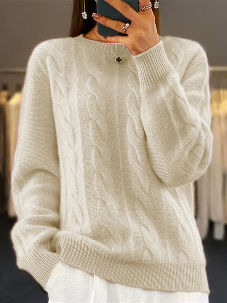 Retro Twist Crew Neck Solid Color Sweater