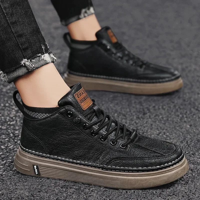 flats Trend Men's Casual Leather Shoes   for Men High-top Black Casual Male Sneakers Platform Ankle Boots Tênis Masculino 2025