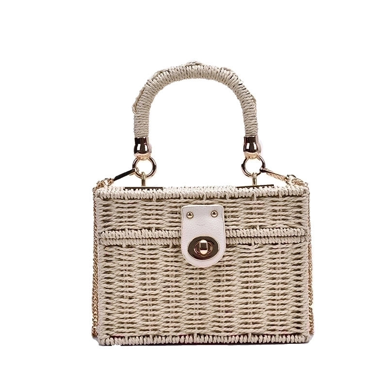 Medium Straw Solid Color Square Buckle Straw Bag