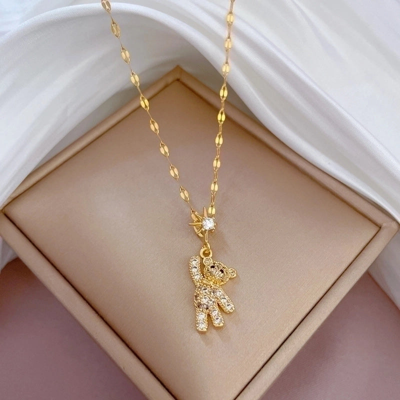 Minimalist Bear Titanium Steel Copper Plating Inlay Zircon Pendant Necklace