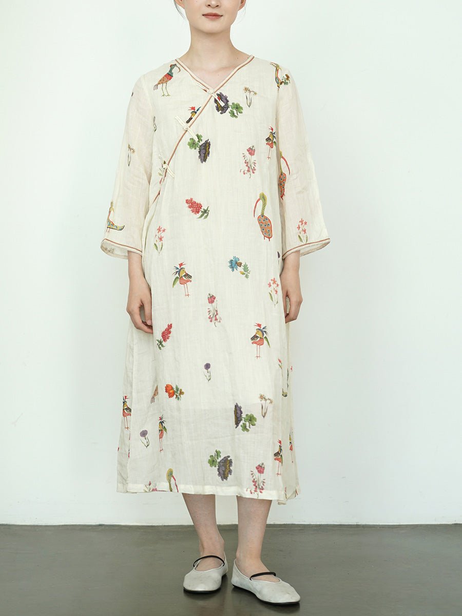Women Summer Artsy Flower  V-Neck 100%Ramie Dress