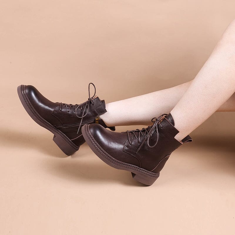Leather Martin Boots Brush-Off Combat Boots Lace Up Ankle Boots in Black/Coffee/Brown