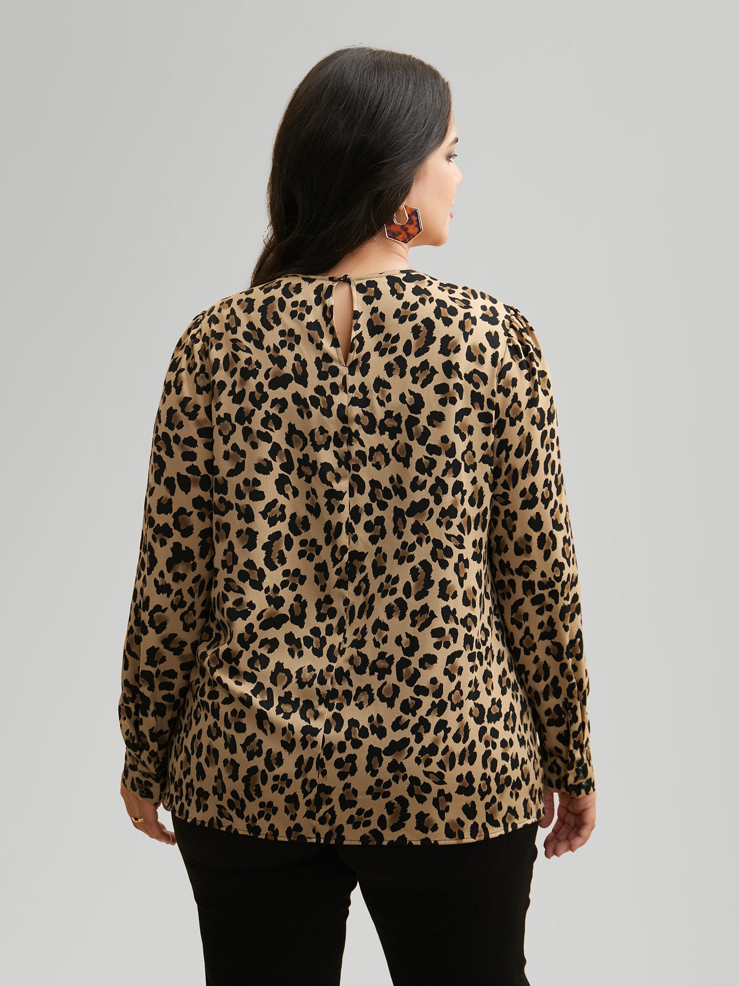 Leopard Print Mock Neck Gathered Blouse