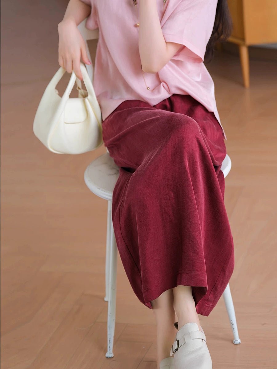 Women Summer Pure Color Linen Straight Skirt