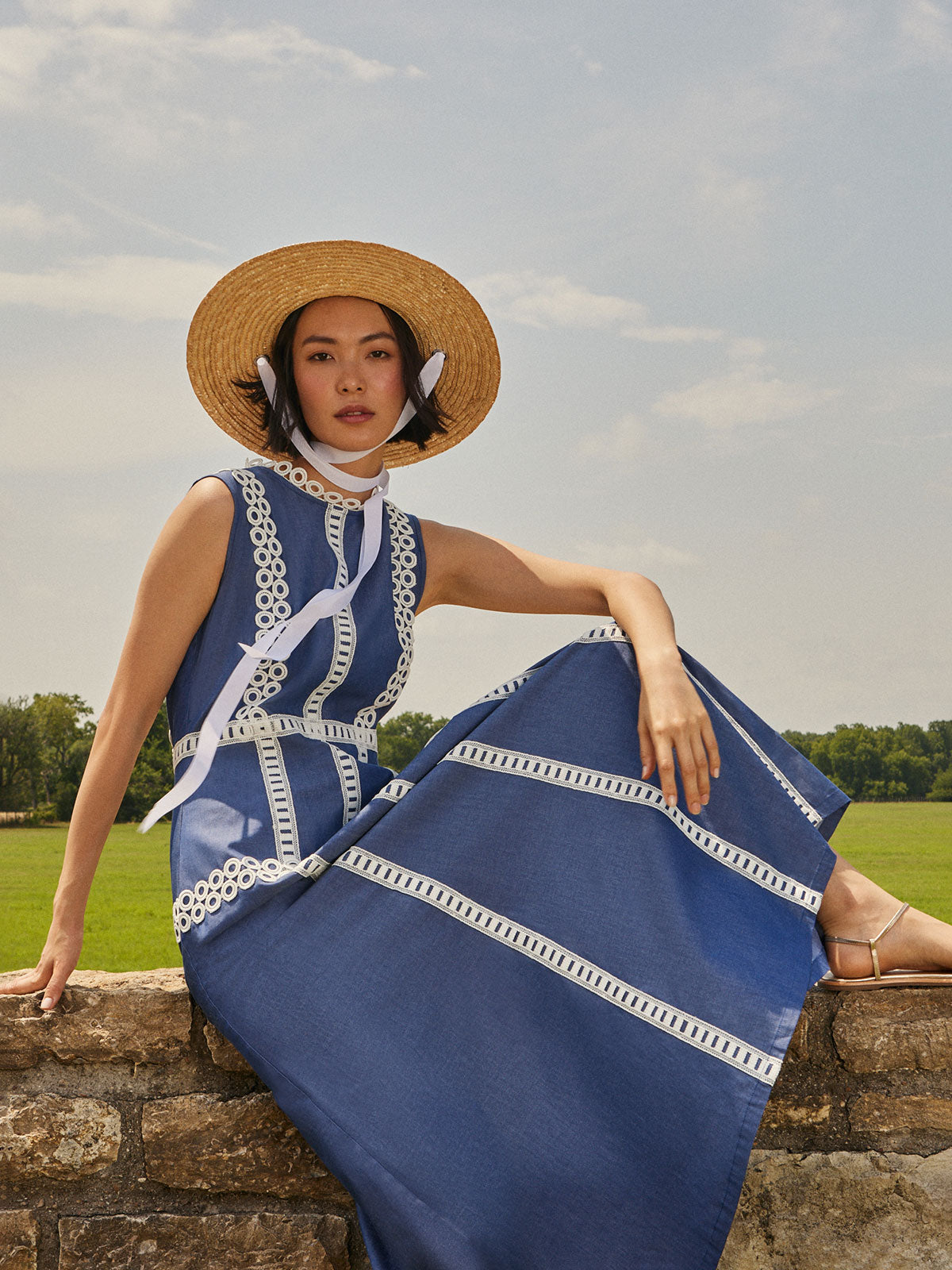 Modern Fit & Flare Cotton Eyelet Trim Maxi Dress