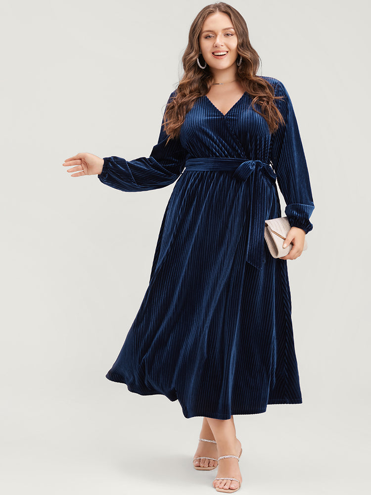 Striped Velvet Pocket Lantern Sleeve Belted Wrap Dress