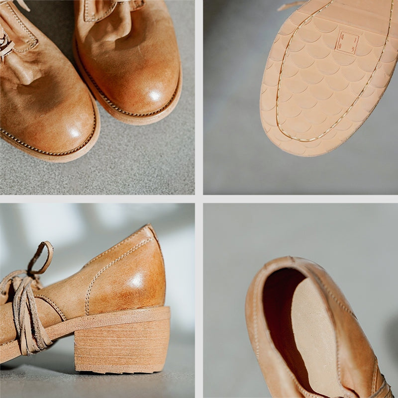 Horse Leather Classic 55mm Round Toe Oxfords & Tie Shoes For Women Derby Shoes