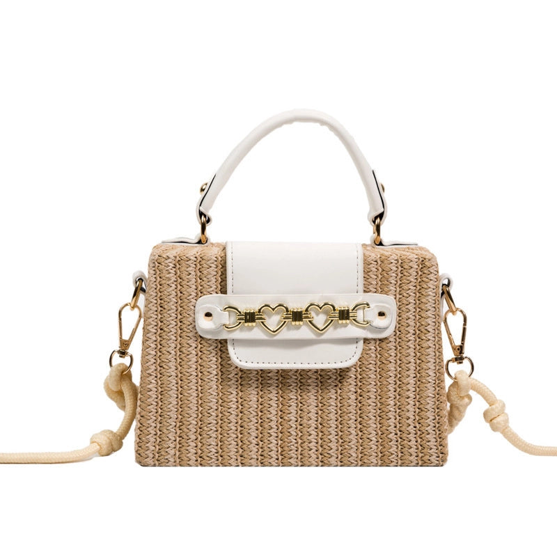 Women's Medium Straw Color Block Solid Color Vacation Beach Weave Magnetic Buckle Straw Bag
