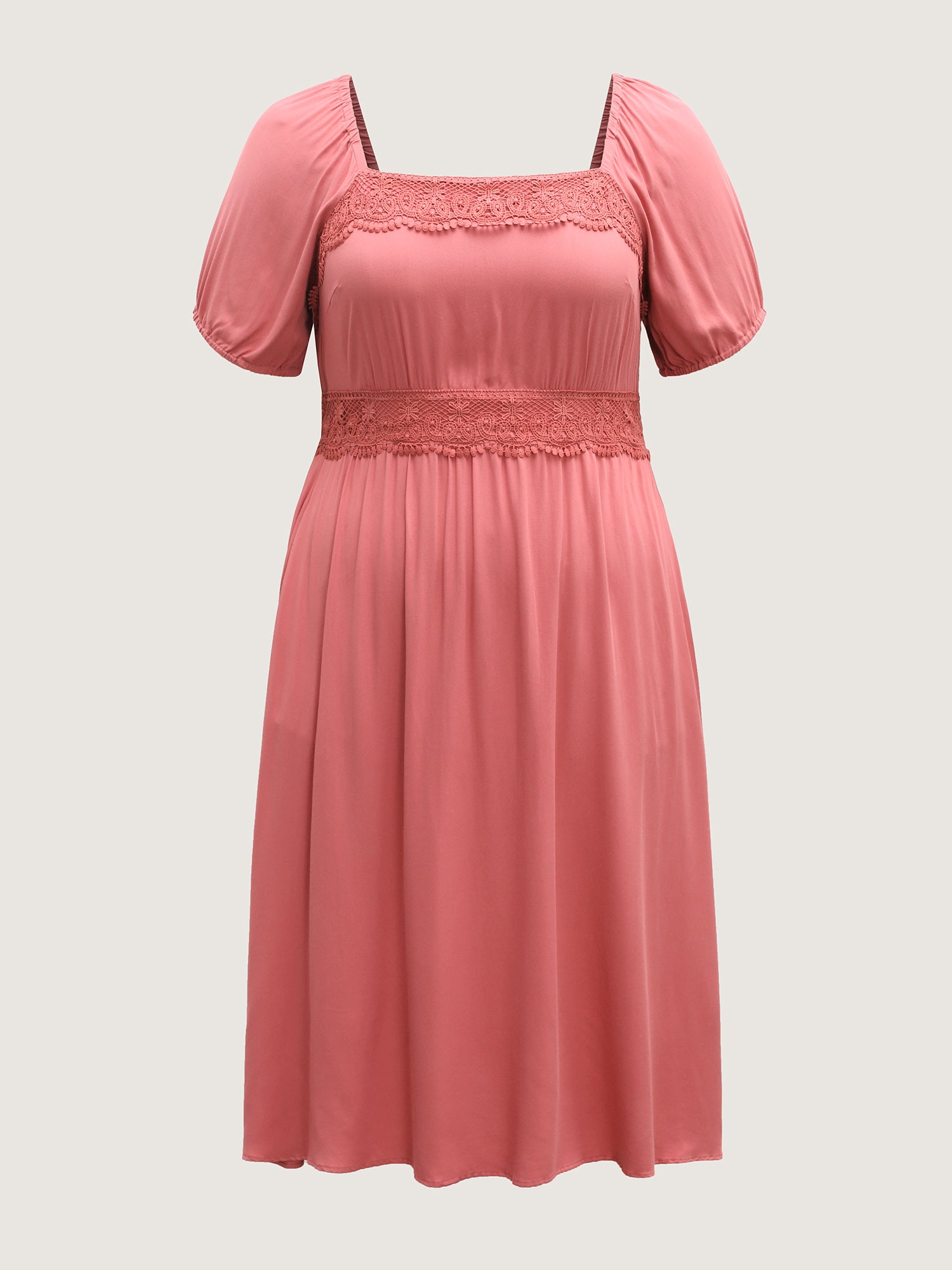 Lace Trim Stretchy Waist Pockets Midi Dress