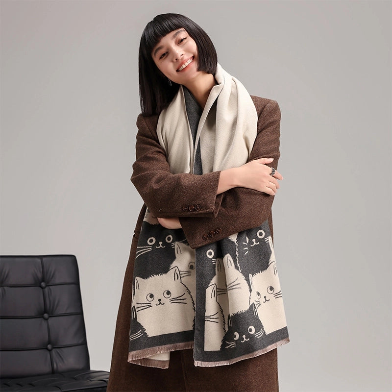 Women's Cute Streetwear Cartoon Cat Cotton Polyester Scarf