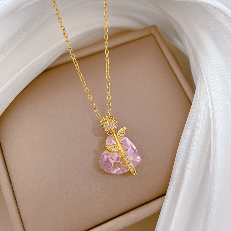 Pink Love Rose Fashion Gorgeous Full Diamond Necklace Women'S All-Match Clavicle Chain Titanium Steel