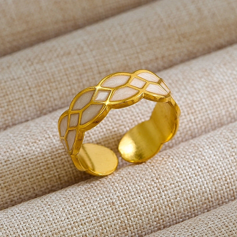Rock Oversized Leaves Eye Flower 304 Stainless Steel Gem 18K Gold Plated Inlay Open Rings