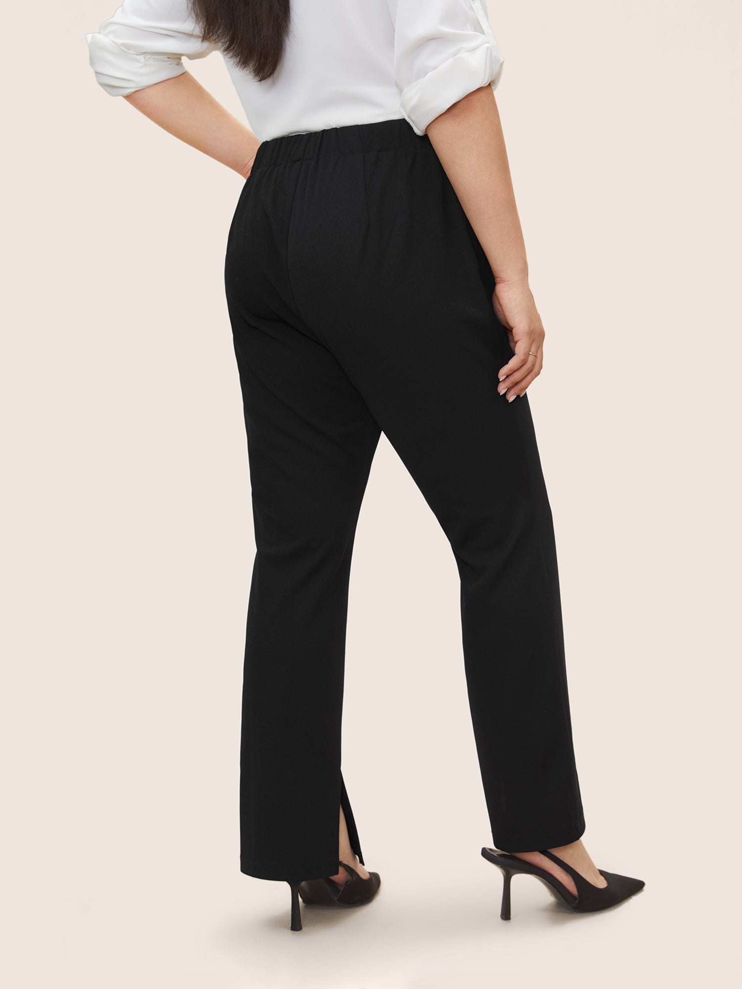 Plain Pleated Elastic Waist High Rise Pants