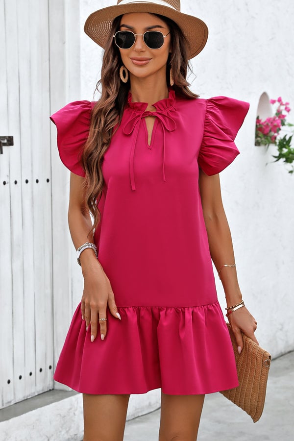 Ruffle Sleeve V Neck Solid Dress
