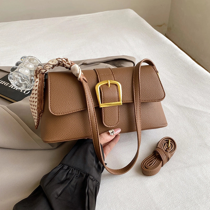 Women's Medium Pu Leather Solid Color Classic Style Sewing Thread Square Magnetic Buckle Shoulder Bag