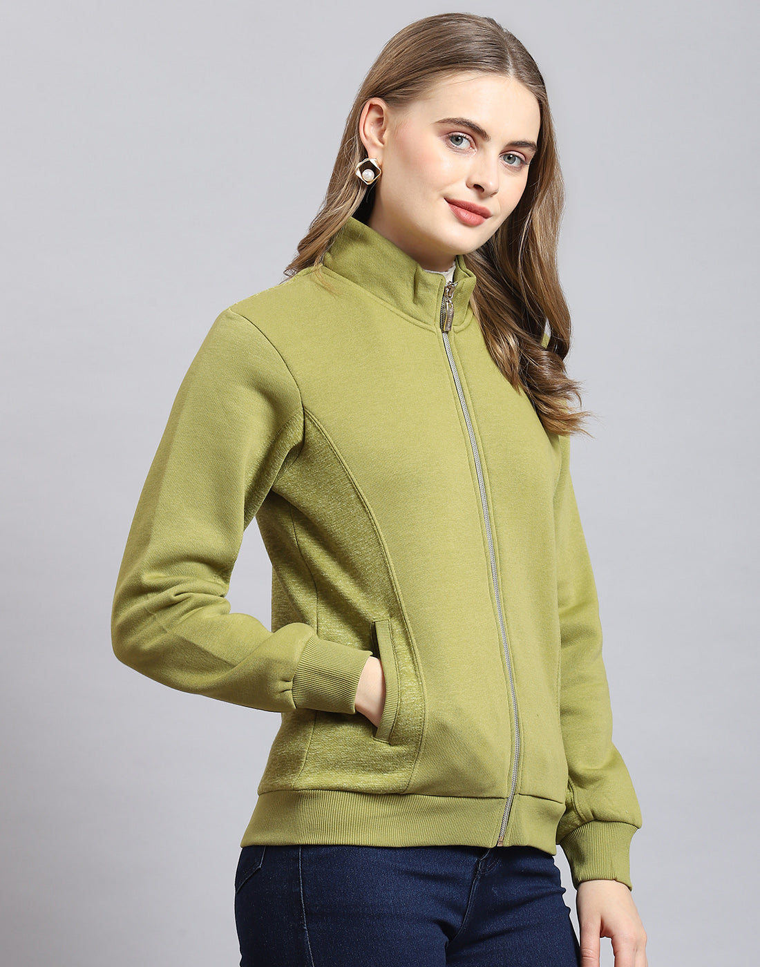 Women Olive Solid Stand Collar Full Sleeve Sweatshirt